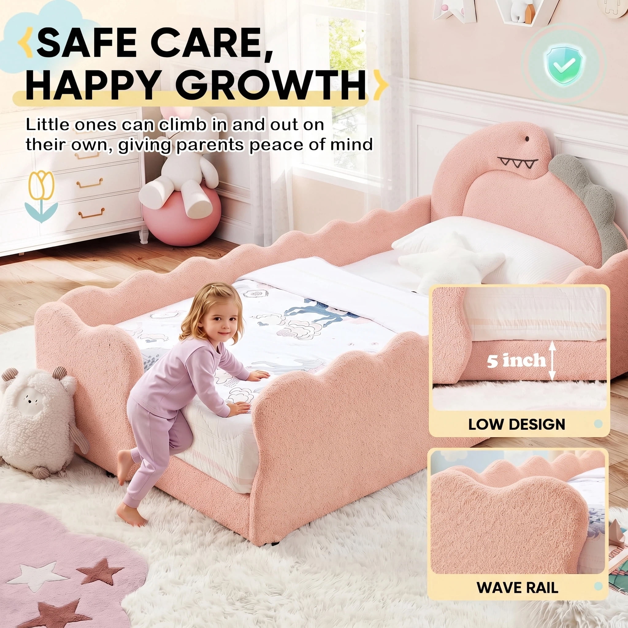 AISWORD Twin Size Kids Bed with Dinosaur Headboard, Upholstered Daybed with Slats Support & Side Pocket, Space-Saving Wooden Corner Sofa Bed, Pink