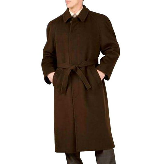 Mens Dress Coat Belted Wool Topcoat Overcoat Four Button Single Breasted Coat