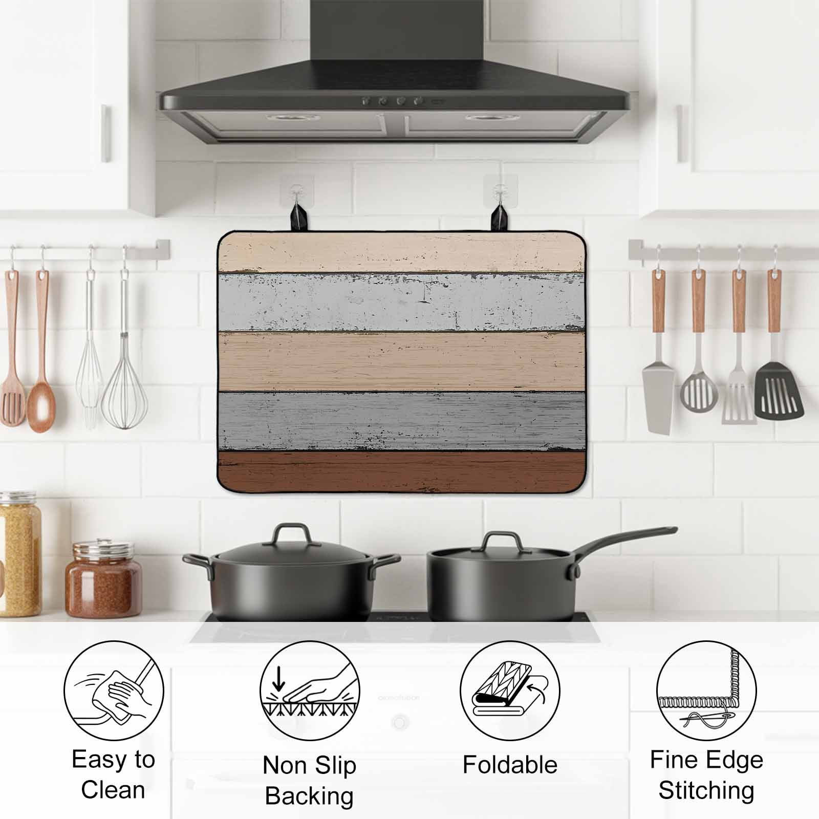 Brown Wooden Stove Top Cover for Electric Stove, Heat-proof & Non Slip Glass Top Stove Cover Protector, Grey Stripe Gradient Country Rustic Grain Kitchen Flat Cooktop Rubber Mat 31x24 Inches