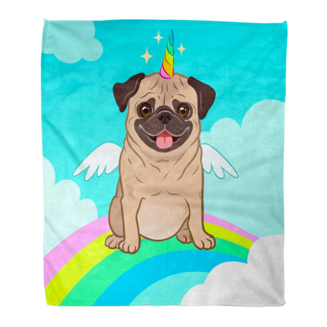 HATIART Flannel Throw Blanket Unicorn Pug Dog Horn and Wings Cartoon Cute Puppy in The Sky Rainbow Clouds Smiling Tongue Out 50x60 Inch Lightweight Cozy Plush Fluffy Warm Fuzzy Soft Walmart