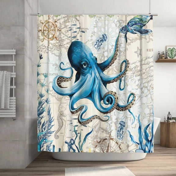 Beach Coastal Octopus Seashell Polyester Cloth Curtains for Windows , Ocean Sea Turtle Jellyfish Shower Curtain,Comes with 12 Plastic Hooks,70.8" x 70.8"