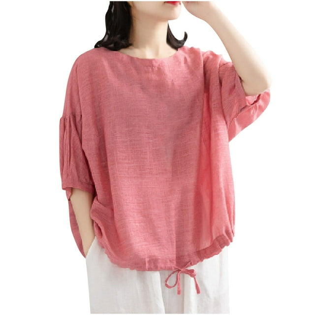 Timegard Womens Tops Round Neck 3/4 Sleeve Drawstring Loose Lightweight Casual Solid Color Blouse Top