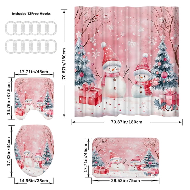 B Christmas Bathroom Set 4 Pieces Shower Curtain Mat Toilet Cover U Shape Bath Rug For Holiday Home Decor Size Standard Net Weight 1.609 Lb