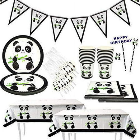 Panda Party Supplies Set,Party Tableware for Kids-Serves 20 Guests-Includes Table Cloth Cake Topper Banner 7"Plate Napkins Cups Straws