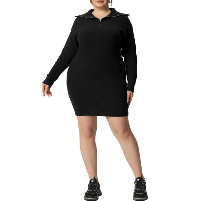 Agnes Orinda Robe Chandail pour Femme Grande Taille, Col à Fermeture à Glissière, Chandail Moulant en Tricot, Robes Chandail 1X Noir