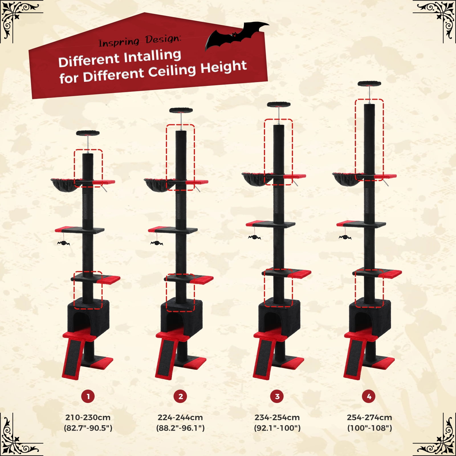 Pefilos 5 Tiers Gothic Cat Tree Floor to Ceiling, Adjustable Height (83"-108") Climbing Cat Tower for Indoor Cats with Condo, Scratching Post, Black