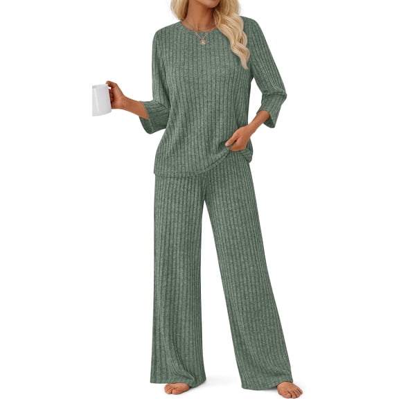 Fantaslook Pajamas Sets for Women Casual Two Piece Lounge Sets 3/4 Sleeve Crew Neck Top Wide Leg Pants Vacation Travel Outfits