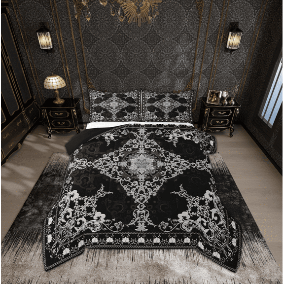 Manfei Retro Damask Flower Bedding Comforter Set,Vintage Floral Twin Comforter Sets,Black White Bedding Set For Boys,Microfiber Bedroom Decor Reversible,2-Piece