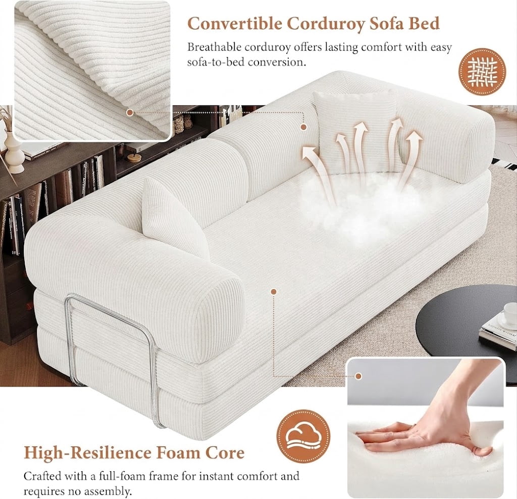 avobird 78" Convertible Sofa Bed, 5-in-1 Corduroy Futon Pull Out Couch, No Assembly Boneless Sleeper Sofa for Living Room & Bedroom, White