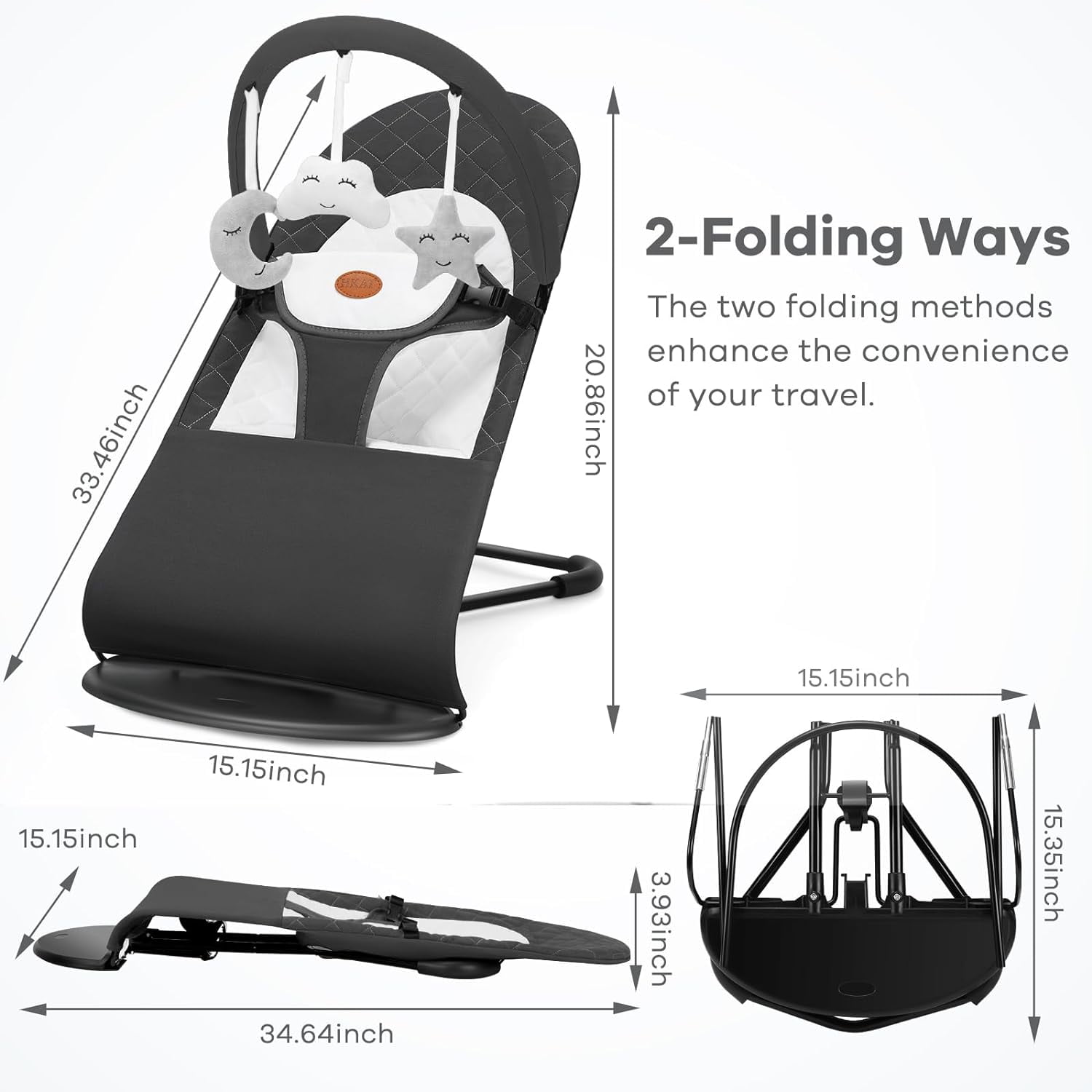 Baby Bouncer 2 in 1 Convenient Design, Removable Machine Washable, Comfortable Support, for 0-18 Months-Dark Gray