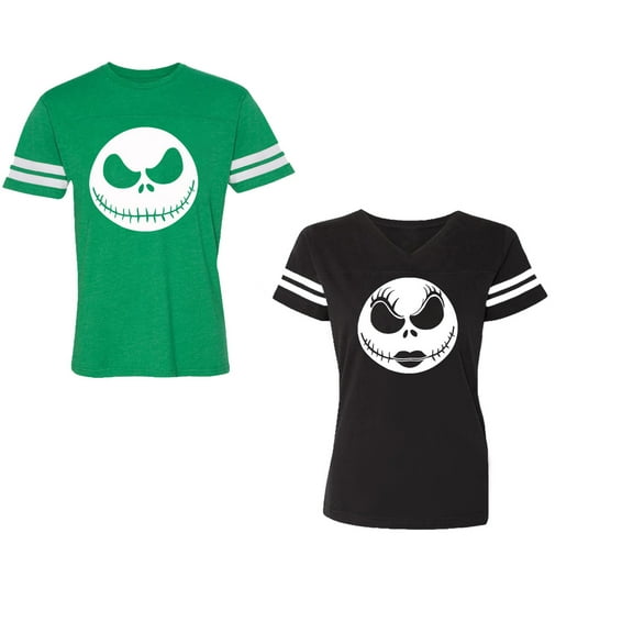Jack SkullUnisex Couple Matching Cotton Jersey style T-Shirt Contrasting stripes on sleeves (Men Green / Women Black) (Men S / Women S)