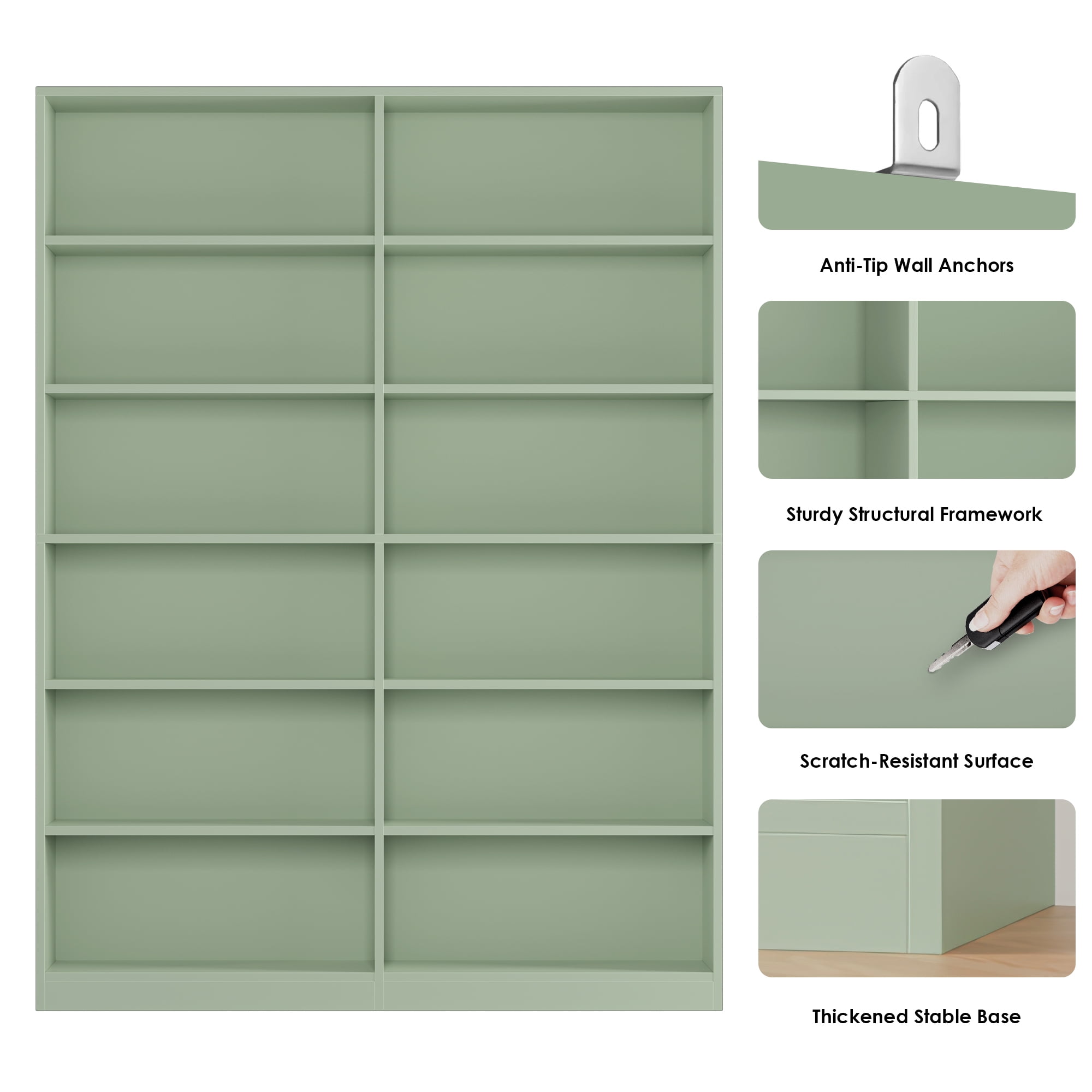 Homfa 74.3” Double Wide 6-Tier Bookcase, Extra Large Wooden Freestanding Display Bookshelf for Home Office Living Room, Green
