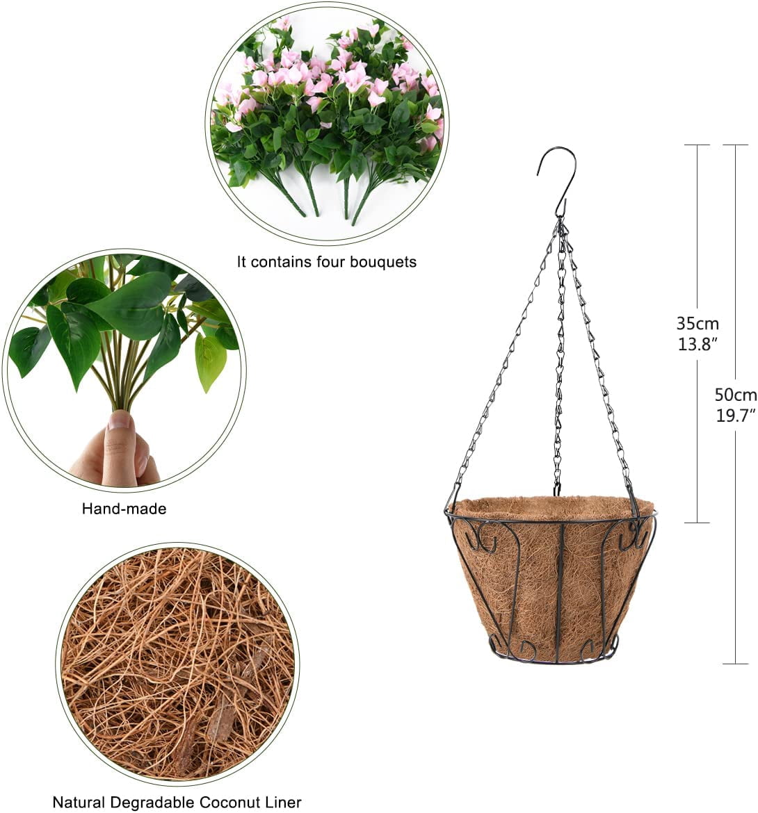 Artificial Flowers Hanging Basket,Bougainvillea Silk Vine Flowers for Outdoor/Indoor, 0Inch Coconut Lining Flower Pot with Hanging Plant for Patio Lawn Garden Decor (Purple)