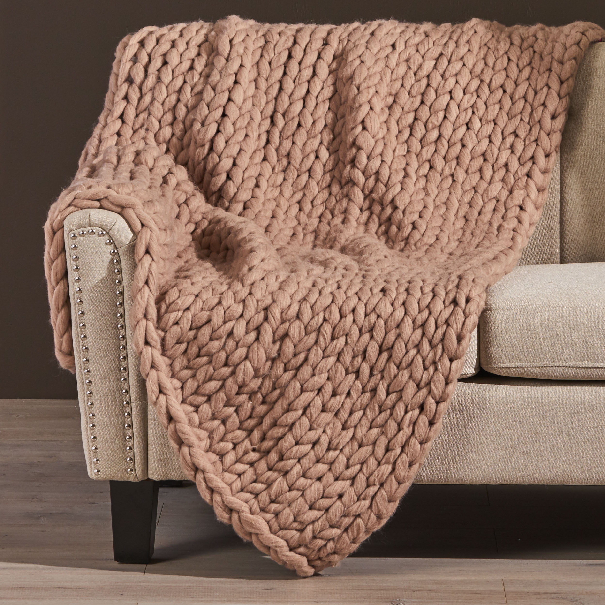 Noble House Chunky Knit Acrylic Fabric Throw Blanket, 50" x 60", Blush