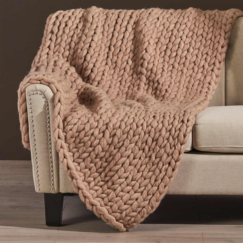 Noble House Chunky Knit Acrylic Fabric Throw Blanket, 50" x 60", Blush