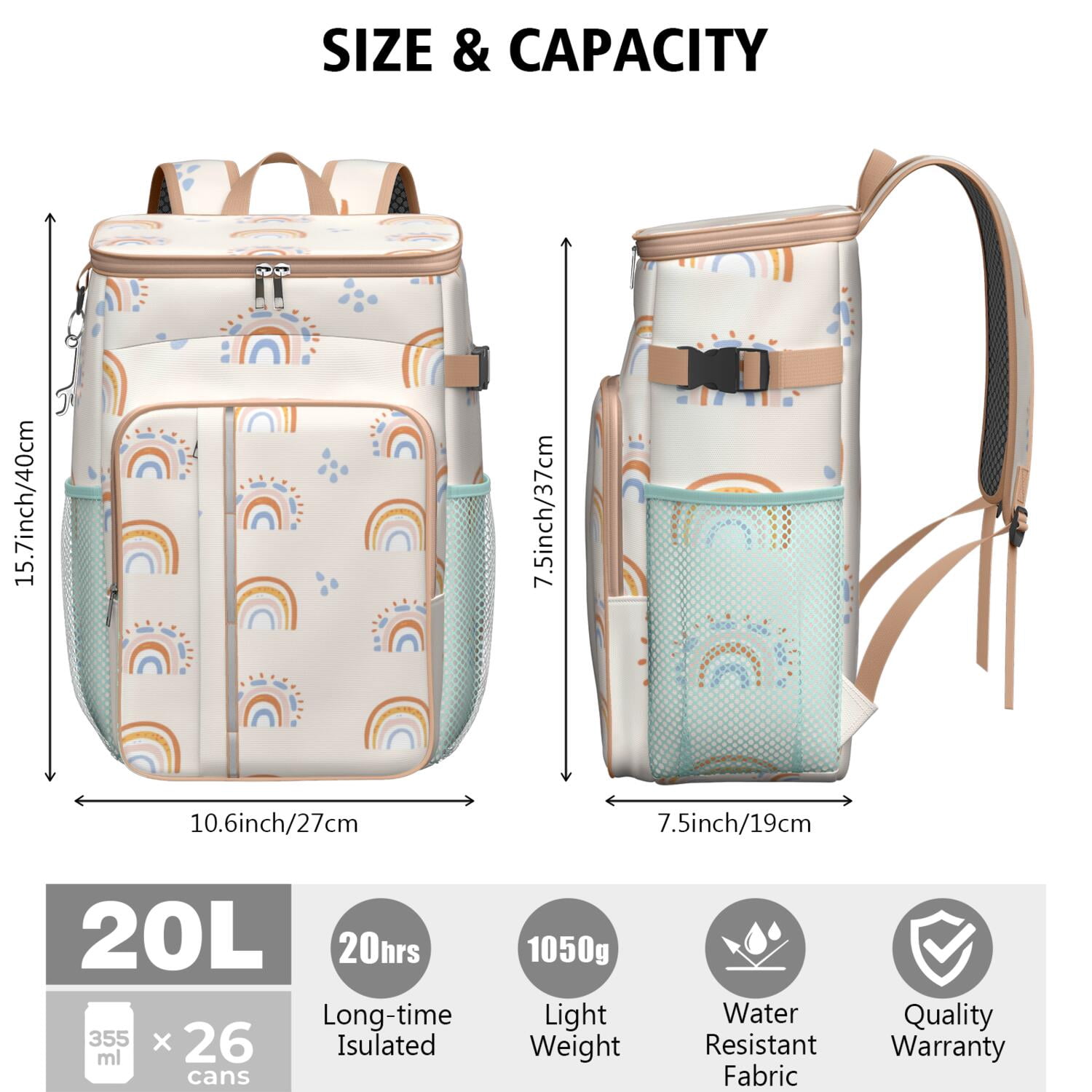 Camping Cooler Backpack 26 Cans,Cooler Bag Insulated Leak Proof Travel Cooler Bag Waterproof Lunch Picnic Beach Work Trip Thermal Bag Drink Beverage Beer Bag Cooler Rainbow Cartoon