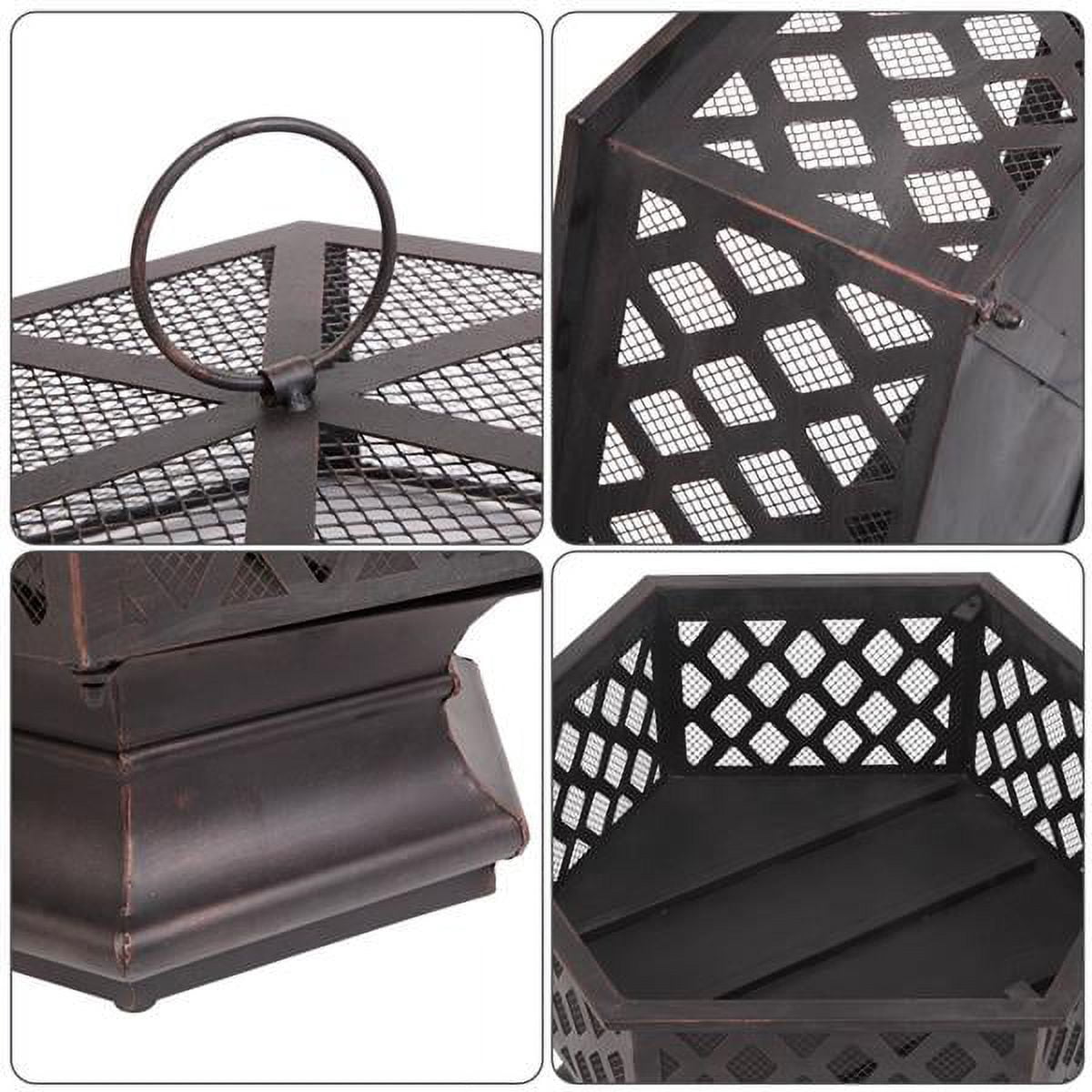 22" Hexagonal Iron Brazier Fire Pit – Antique Copper Wood Burning Outdoor Fireplace with Spark Guard for Backyard & Poolside