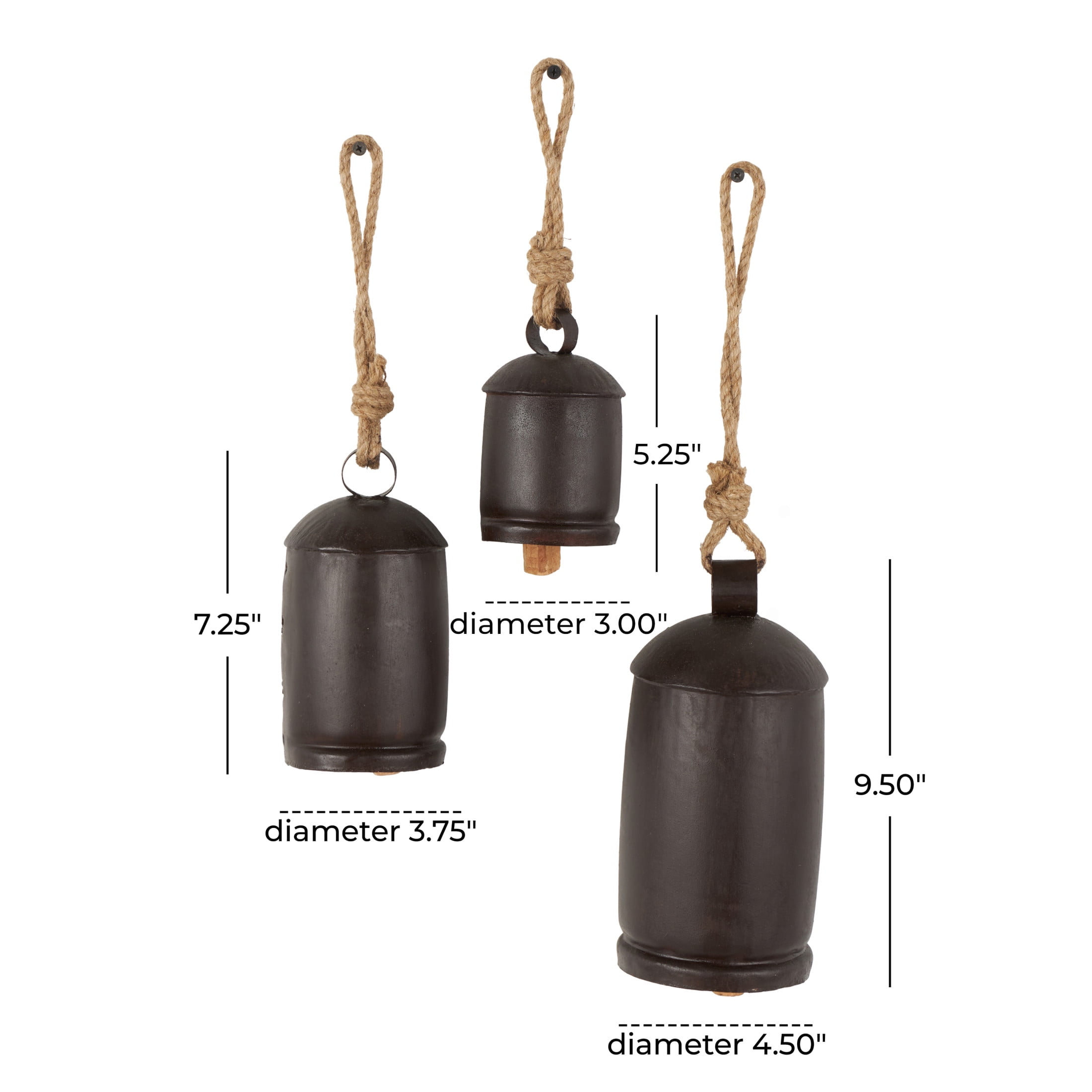 DecMode Tibetan Inspired Dark Brown Metal Cylindrical Decorative Cow Bells with Jute Hanging Rope, 3 Count