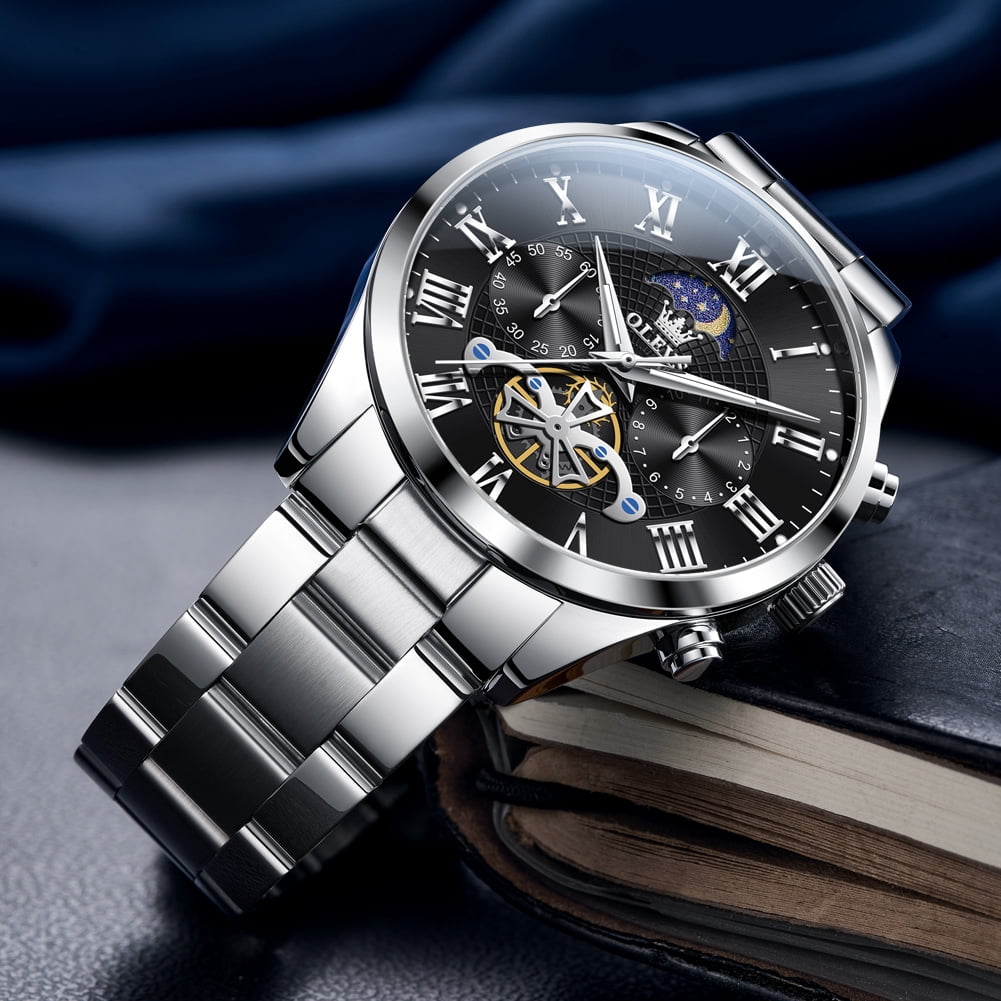 OLEVS Chronograph Watches for Men Waterproof Business Dress Analog Quartz Luxury Moon Phase Stainless Steel Roman Numeral Luminous Casual Mens Wrist Watches Reloj Para Hombre