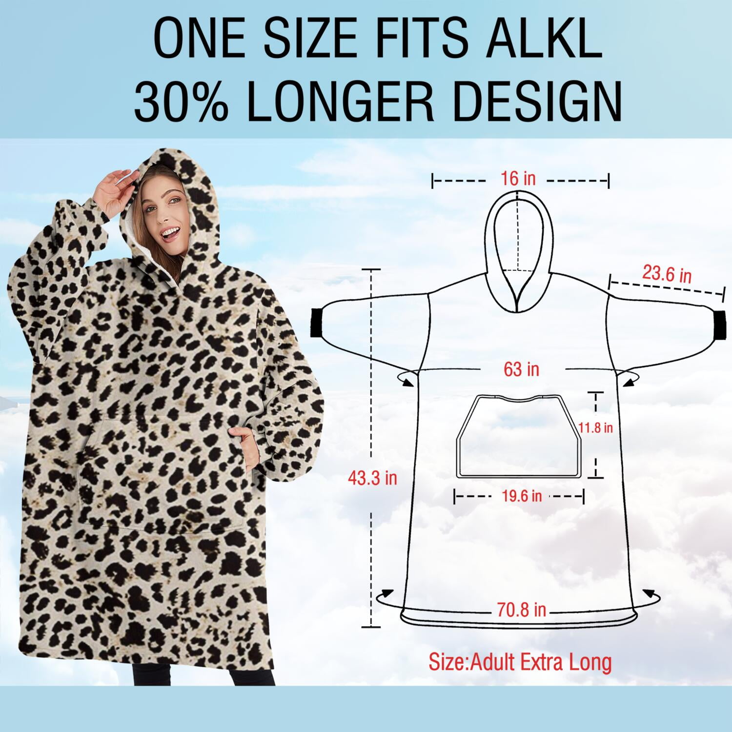 Oversized Wearable Blanket Hoodie,Black and Tan Leopard Print Sherpa Blanket Hoodie with Super Pockets,Super Warm Fuzzy Pullover for Women & Men