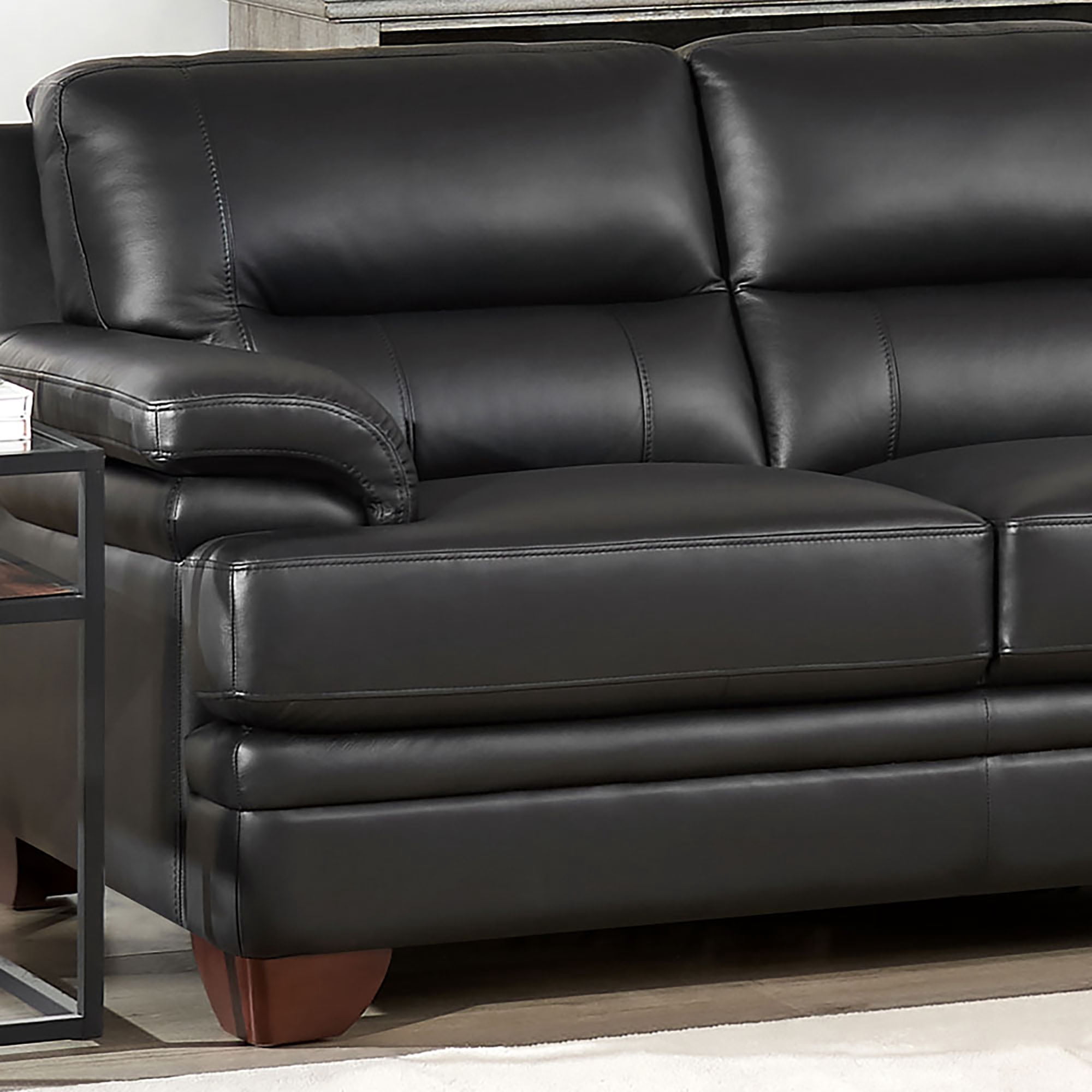 Hydeline Luxor Top Grain Leather Loveseat Black with Tapered Legs Memory Foam and Springs Seating