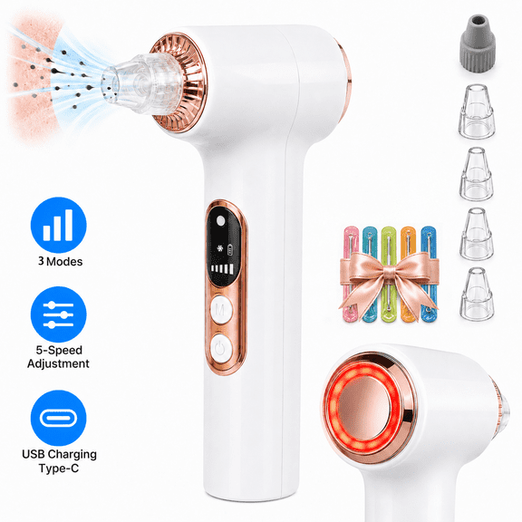 JUUTREN Blackhead Remover Pore Vacuum With Heating, 5 Suction Levels, 6 Heads for Deep Cleansing & Skin Care, USB Rechargeable Facial Pore Cleaner for Women & Men, 5 Blackhead Tools
