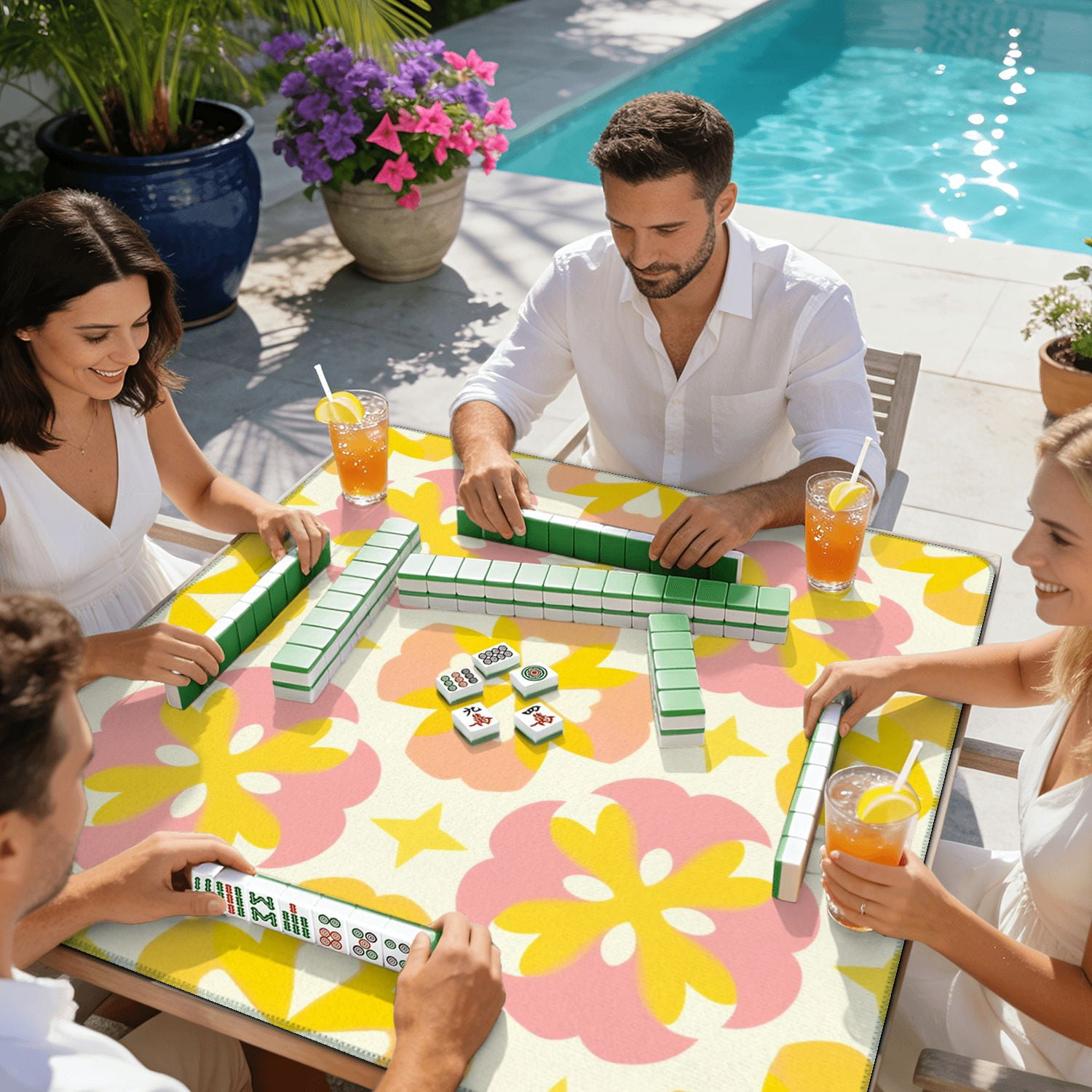 Mahjong Mat 31.5" x 31.5" Seamless Floral Yellow Pink Abstract Shapes Cream Non-Slip Noise Reduction American Mahjong Tiles Table Cover for Dominoes Poker Card Board Games Gift