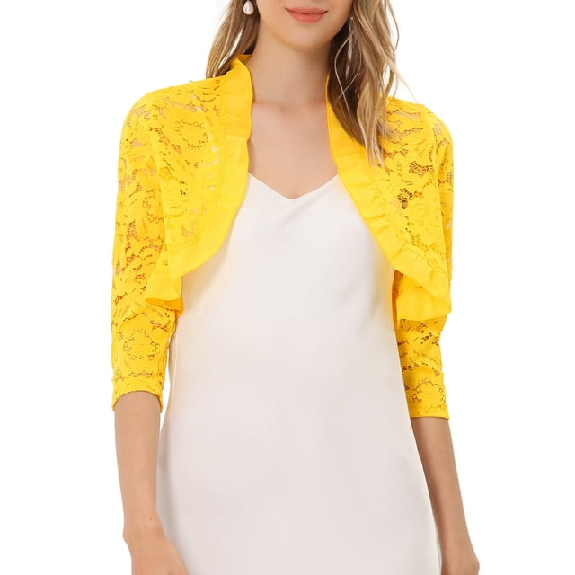 Unique Bargains Cardigan Court Élégant à Col à Volants en Dentelle Florale Transparente pour Femmes Jaune TG