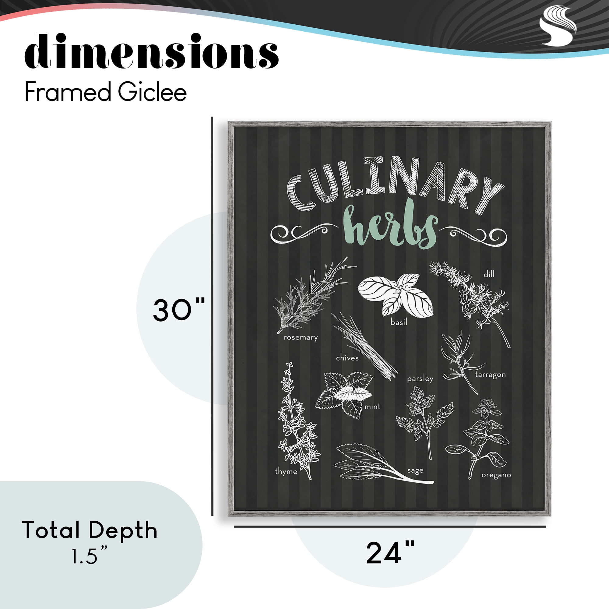 Culinary Herbs on Stripes Gray Framed Giclee Art, design by Lettered and Lined