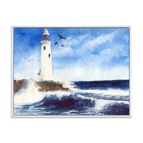 Designart 'Seagulls With Lighthouse On The Rocky Island' Nautical & Coastal Framed Canvas Wall Art Print