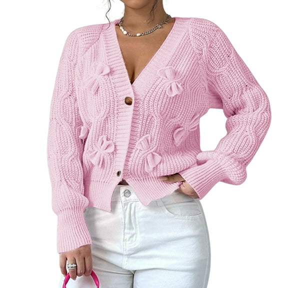 Women'S Bowknot Chunky Knit Cardigan Sweaters Open Front Cozy Long Sleeve Button Up Cardigan for Winter Pink XL