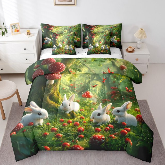 Erosebridal Bunnies Print Bed in a Bag Full size, Rustic Butterfly Bed Set, Botanical Decor, 7pcs