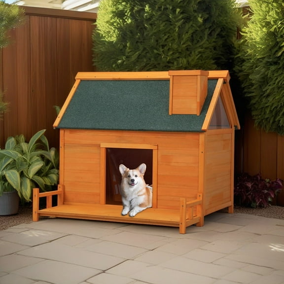 Demi Bonn 38" Wooden Weatherproof Dog House, Outdoor Dog Kennel for Small Dogs, Cabin Style Raised Dog Shelter with Asphalt Roof, Orange