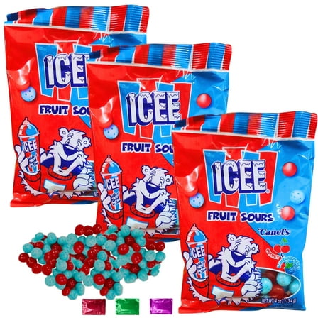 Icee Fruit Sours Candy Balls 4oz 3 Packs, Cherry and Blue Raspberry Chewy Sweet and Sour Gummies Party Favor Treats with Snoep in Beperkte Oplage