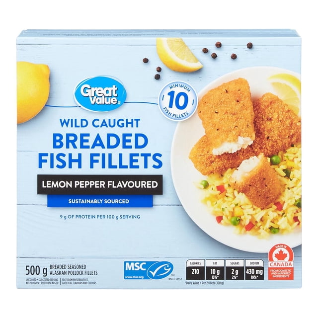 Great Value Lemon Pepper Flavoured Breaded Fish Fillets, 500 g ( minimum 10 battered fillets)