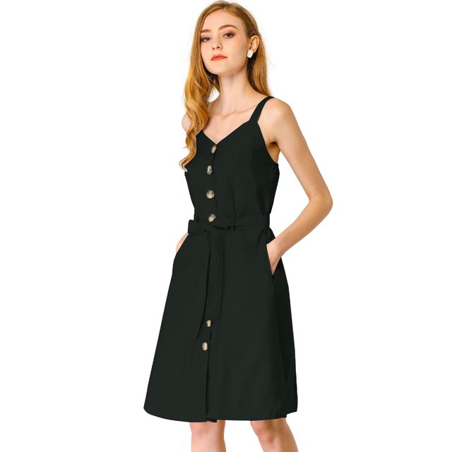 Unique Bargains Robe Chambray à Bretelles Spaghetti Ceinturées pour Femmes