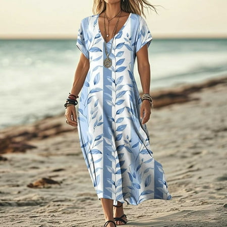 FDGIU 2025 Women s V-Neck Maxi Dress - Casual Short Sleeve Loose Fit Beach Sundress with Pockets Jersey Knit A-Line Flowy Long Dress