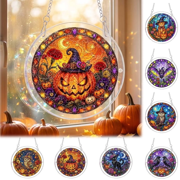 Halloween Acrylic Puzzle Suncatcher - 8 Inch Stained Glass Window Hanging Ornament for Car Halloween Tree Porch Patio Decor Spooky Gift