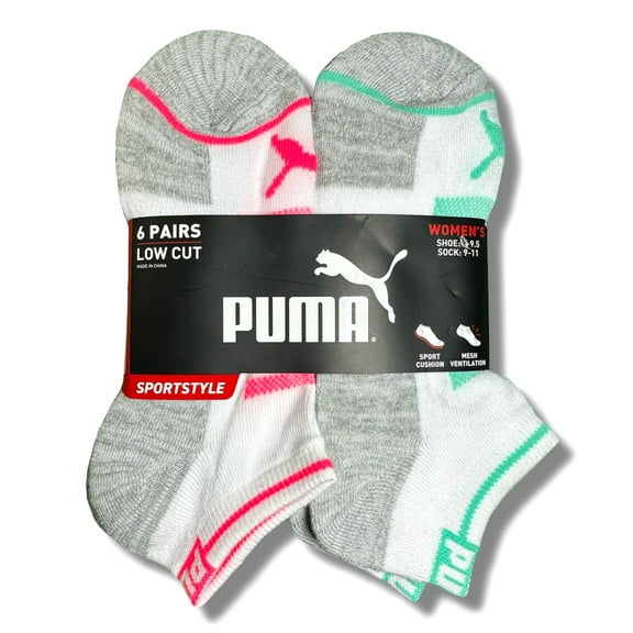PUMA SOCKS WOMEN'S - LOW CUT 253 - GLEE - PINK GREEN - SHOE SZ 5-9.5 -PACK 6