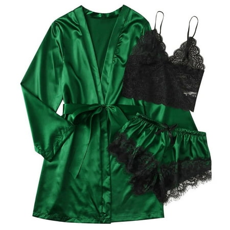 ASFGIMUJ Women  Silk Satin Pajamas Set 3Pcs Lingerie Floral Lace Sleepwear With Robe Size S