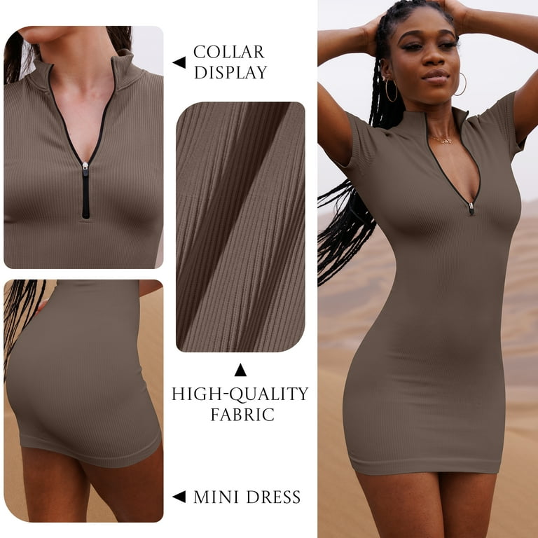 Oqq Women's 2 Piece Dresses Sexy Ribbed Zip Front Short Sleeve Stretch Tops Mini Dress Oqq Women's 2 Piece Dresses Sexy Ribbed Zip Front Short Sleeve Stretch Tops Mini Dress