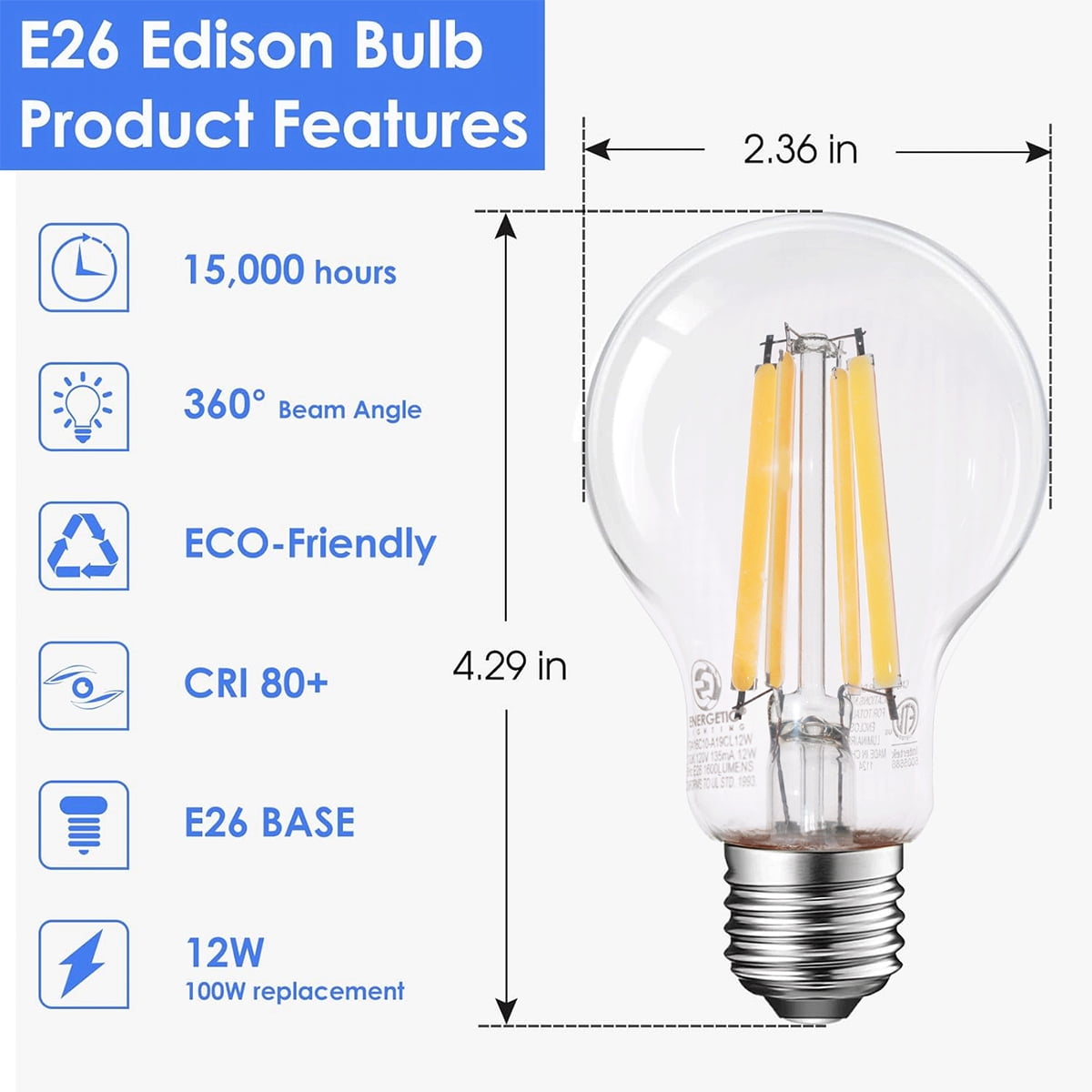 ENERGETIC A19 LED Edison Light Bulb 100W Equivalent, E26 Base, Dimmable, 1600lm, 2700K Soft White, 6Pack