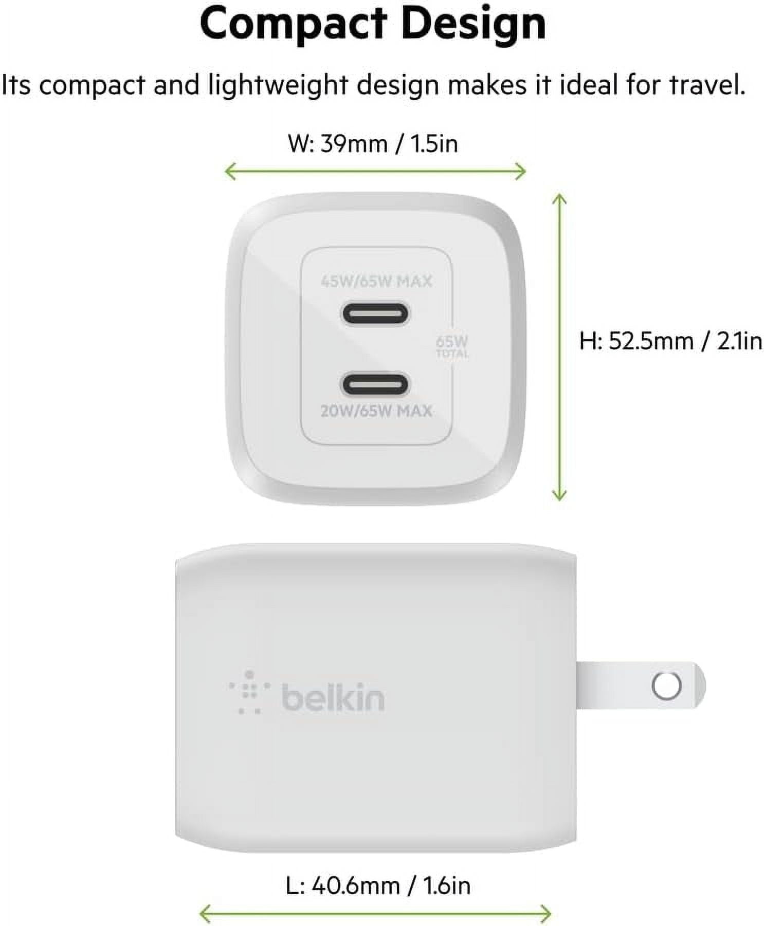 Belkin 65W Dual USB-C Wall Charger, Fast Charging Power Delivery 3.0 w/ GaN Technology for iPhone 16, 15, 14, 13, Pro, Pro Max, iPad, MacBook, Galaxy S25 Ultra, Nintendo Switch 2 & More - White