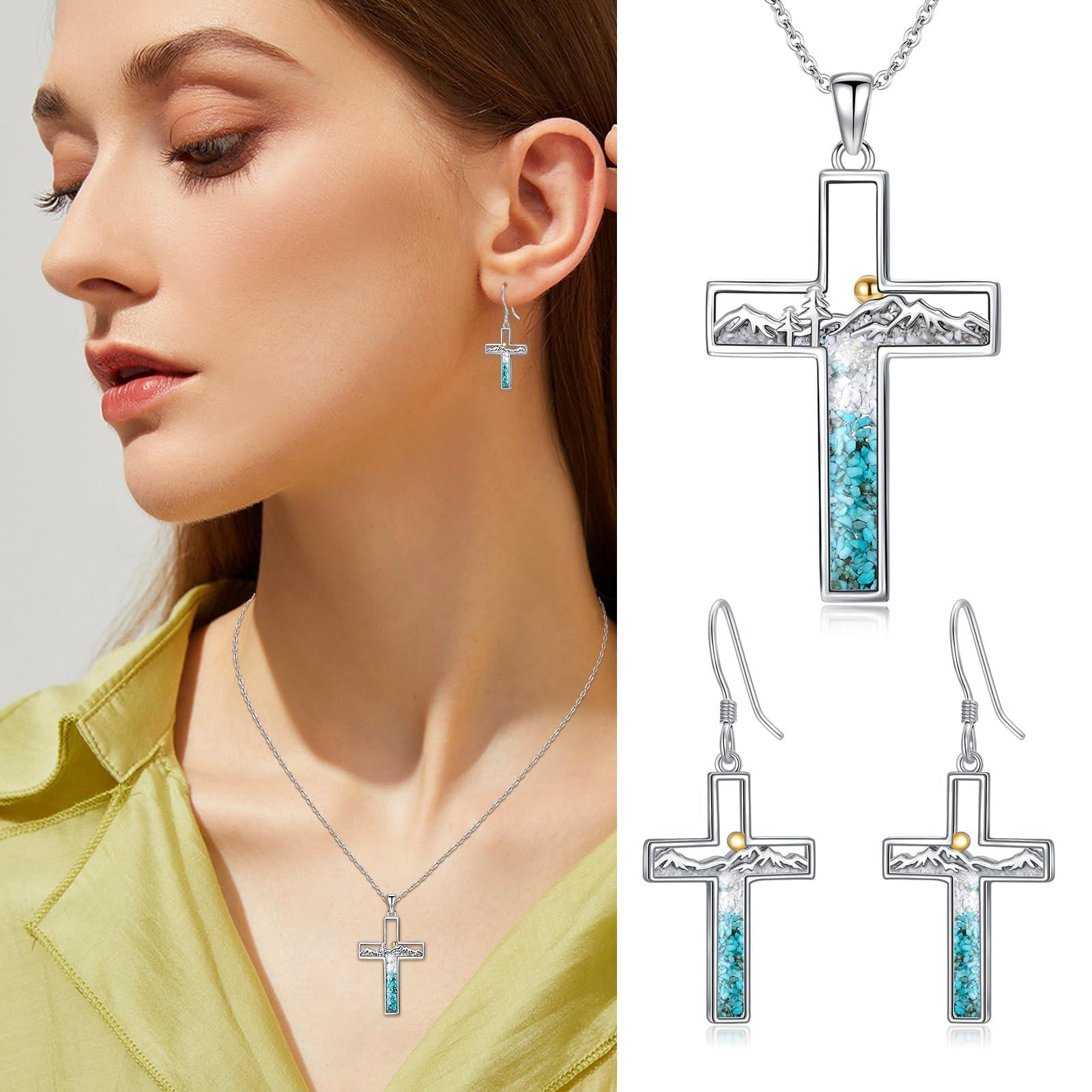 Coachuhhar Corss Necklace for Women 925 Sterling Silver Crushed Turquoise Mountain Sunset Pendant Nature Jewelry Faith Gifts for Christian Hikers Lovers