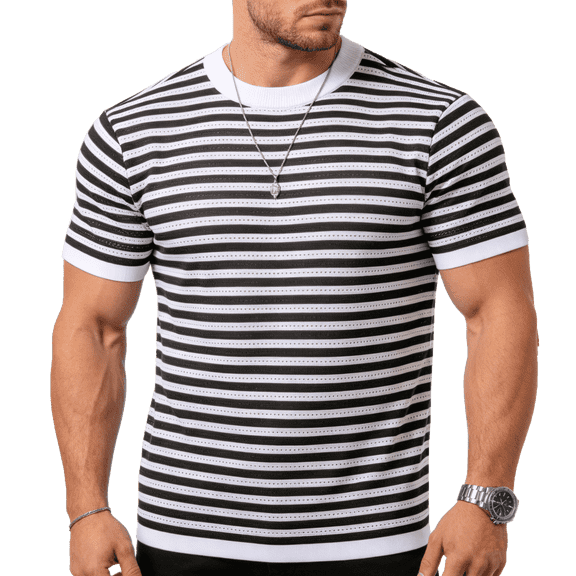 Black & White Striped Knit T-Shirt CrewNeck Short Sleeve Breathable Top