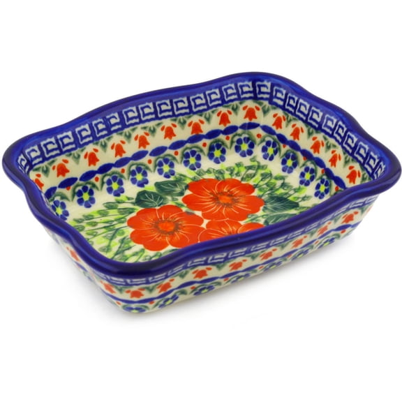 Polish Pottery 7¾-inch Rectangular Baker (Happiness Theme) Signature UNIKAT Hand Painted in Boleslawiec, Poland   Certificate of Authenticity