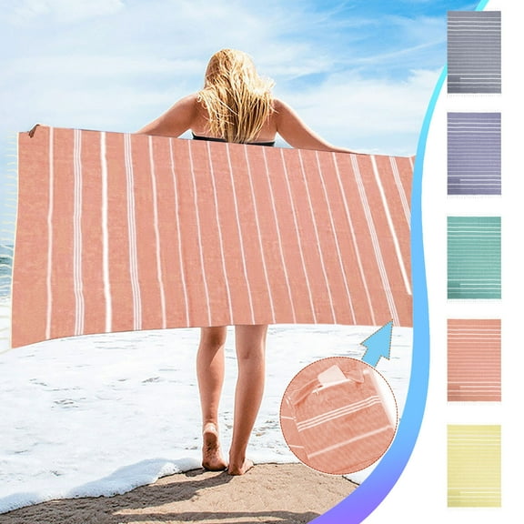 Turkish Beach Towel, Hwkond Quick Dry Beach Towel Wrapped Edges Zipper Pocket Bath Sand Stripe Bath Towel Large Beach Towels(Orange,100x180cm)