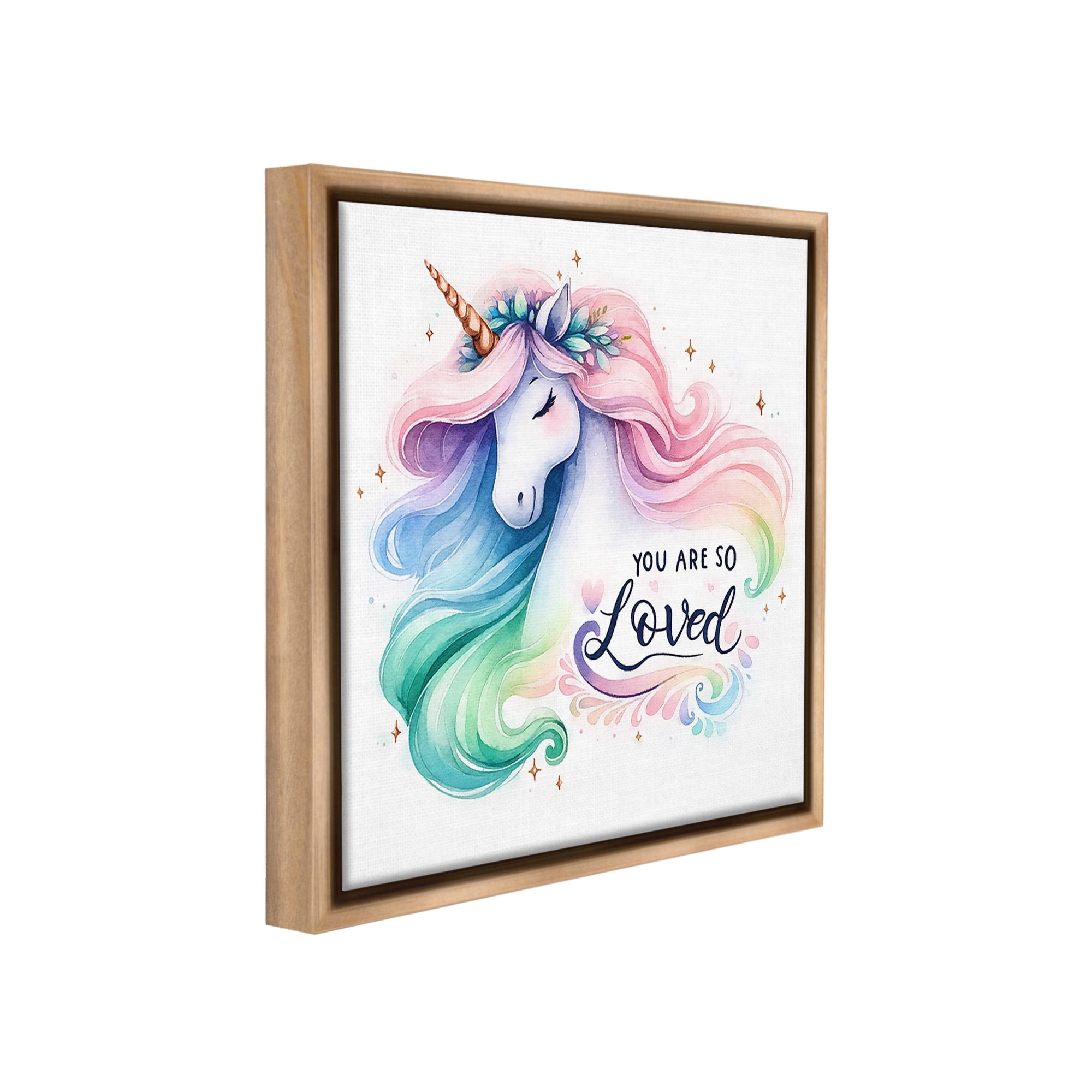 Stupell Industries So Loved Unicorn Fairy Tales & Fantasy Painting Brown Floater Framed Canvas Art Print Wall Art, 18 x 18