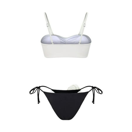 JIANJIA Womens Swimsuits Solid Color Floral Spaghetti Strap Backless Brassiere With Thongs Split Swimsuit Two Piece Bikinis Swimwears Activewear White S