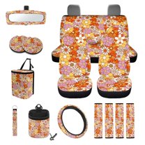 Xoenoiee Hippie Flower Daisy Car Seat Covers Front Back Seats Set of 15, Steering Wheel Cover Seatbelt Cushion Pad Trash Bin Air Vent Pocket Rearview Mirror Cover Cup Holder Key Chain